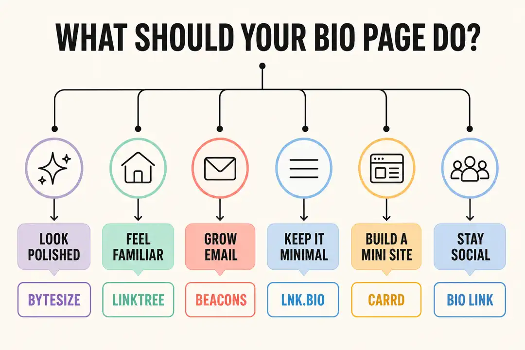 Decision map matching six creator bio-page goals with Bytesize, Linktree, Beacons, Lnk.bio, Carrd, and Bio Link