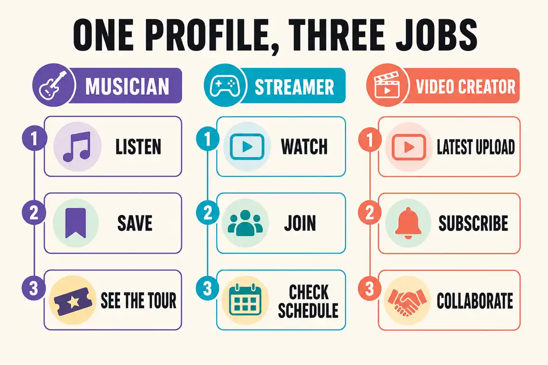 Three-column comparison showing the ideal profile journey for musicians, streamers, and video creators