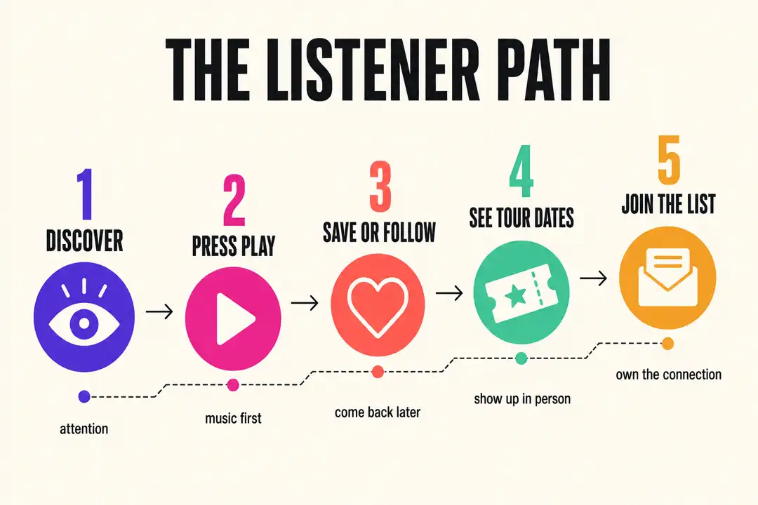 Five-step listener journey from discovering a musician to playing, following, seeing tour dates, and joining the mailing list