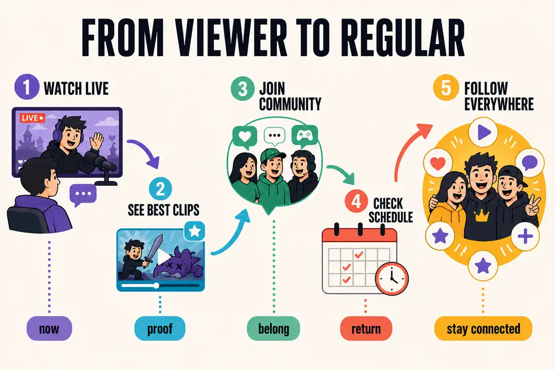 Five-step journey from watching a stream to viewing clips, joining the community, checking the schedule, and following