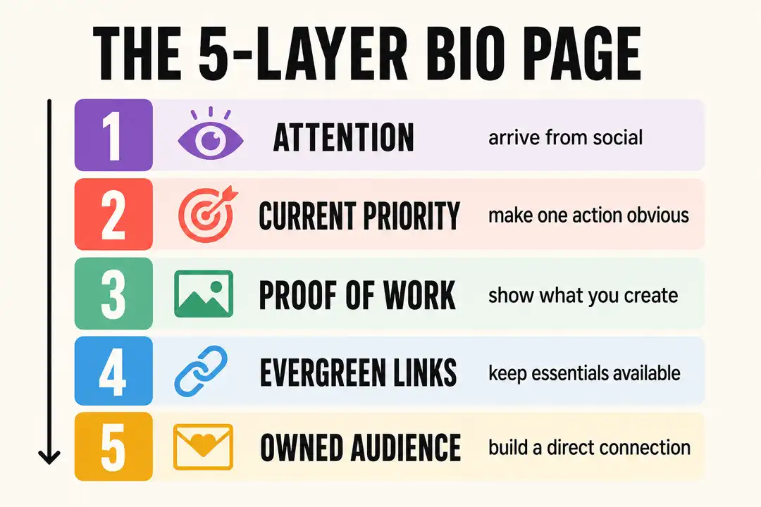 Five-layer creator bio page made from attention, a current priority, proof of work, evergreen links, and an owned audience