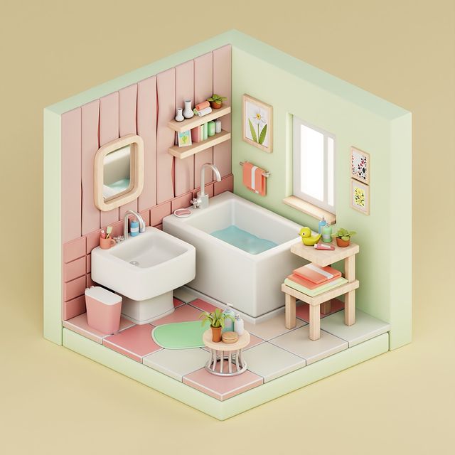 Instagram post: trying to make a bathroom isometric🚿✨ . . #isometric #3d #blender #bathroom #3dblender #styled #cute #3disometric #isometricroom #blende...