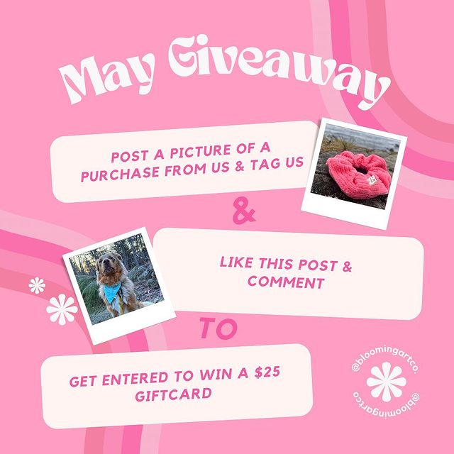 Instagram post: ITS A MAY GIVEAWAY!! Want to win a $25 giftcard to use on our website? heres how you do it 1. Post a picture of something you’ve bought f...