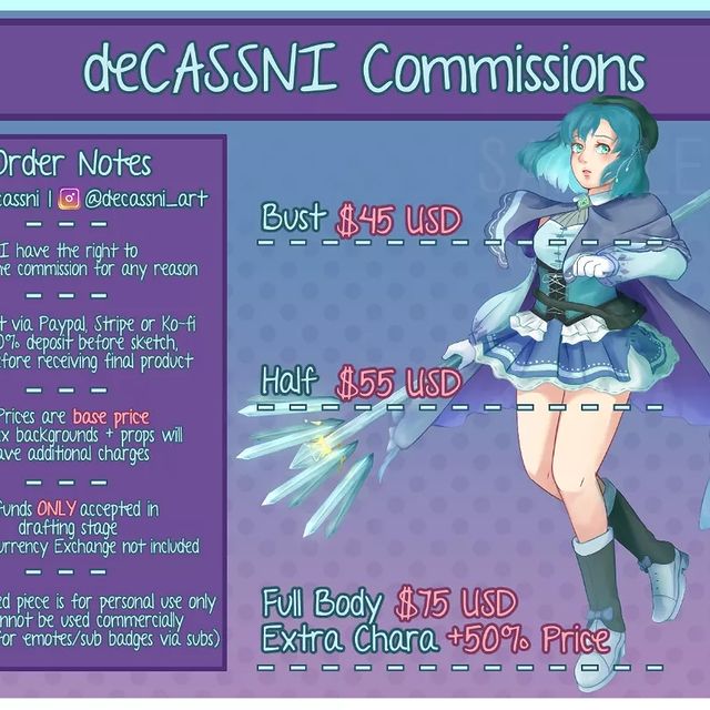Instagram post: ✨2022 Commission Sheet✨ More Info + Order Template: decassni.carrd.co⁡ ⁡ 💙 Paypal, Stripe + Ko-fi available - USD Only 💙 6 slots 💙 Rev...