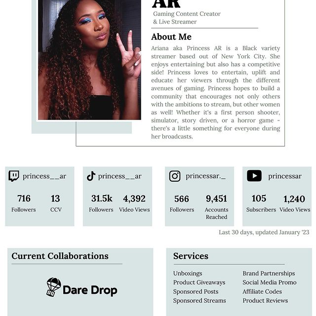 Instagram post: Completed my first Media Kit for 2023! I’m excited to making new connections & new opportunities! 📧 princessarbusiness@gmail.com #mediak...