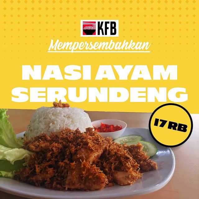 Instagram post: Ini dia menu terbaru di Kedai Flamboyan Banjarnegara ✨ Cobain nikmatnya rasa Nasi Ayam Serundeng khas KFB yang empuk, gurih, dan lezat — ...